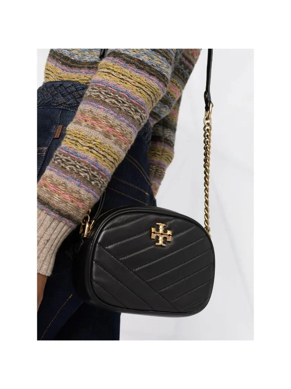 Tory Burch Kira Chevron Small Camera Crossbody Bag Black OS